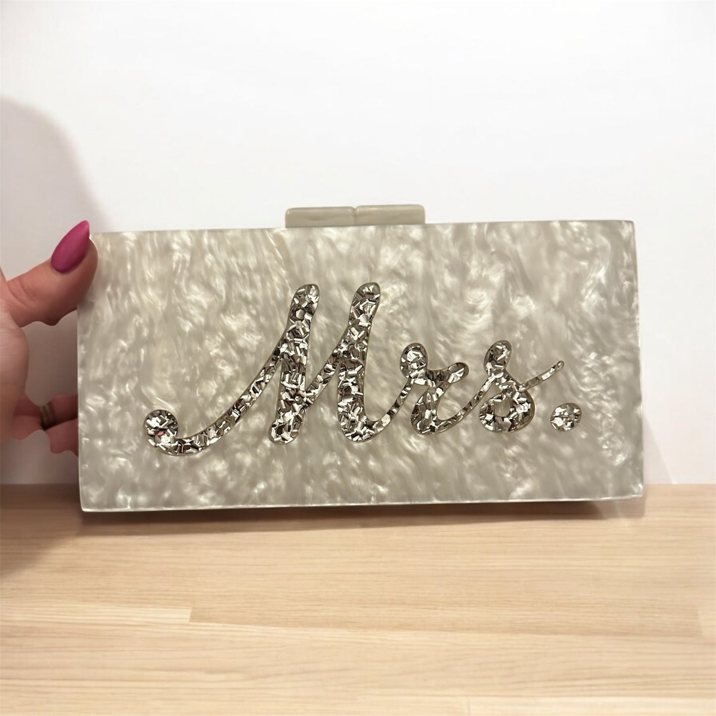 Silver Mrs acrylic clutch bag