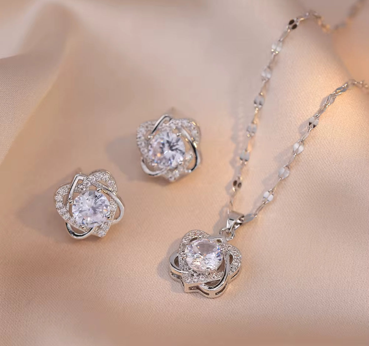 Silver Colour Zircon Stud Earrings & Pendant Necklace Set for Women (Bridal Party)