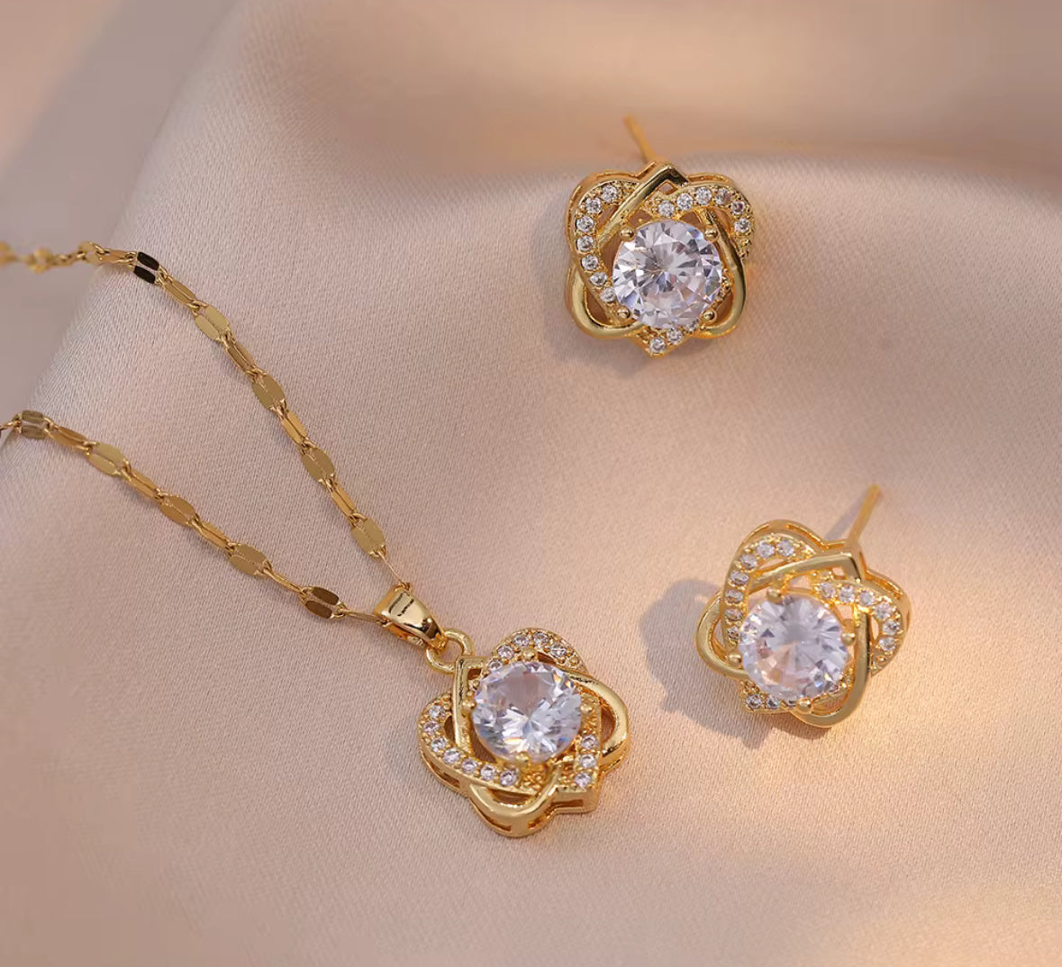 Gold Colour Zircon Stud Earrings & Pendant Necklace Set for Women (Bridal Party)