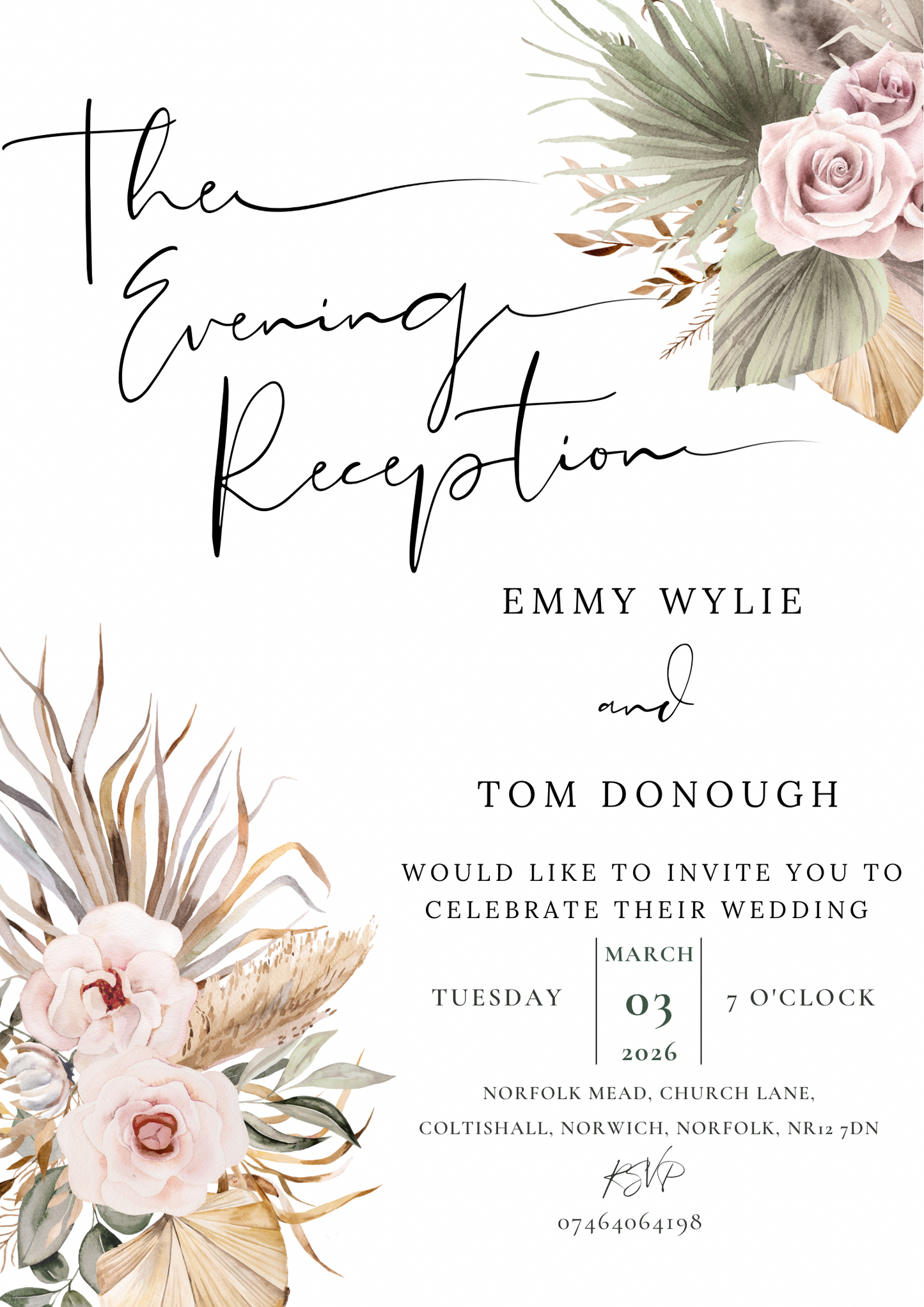 Day and Evening Blush Pampa Wedding Invitation