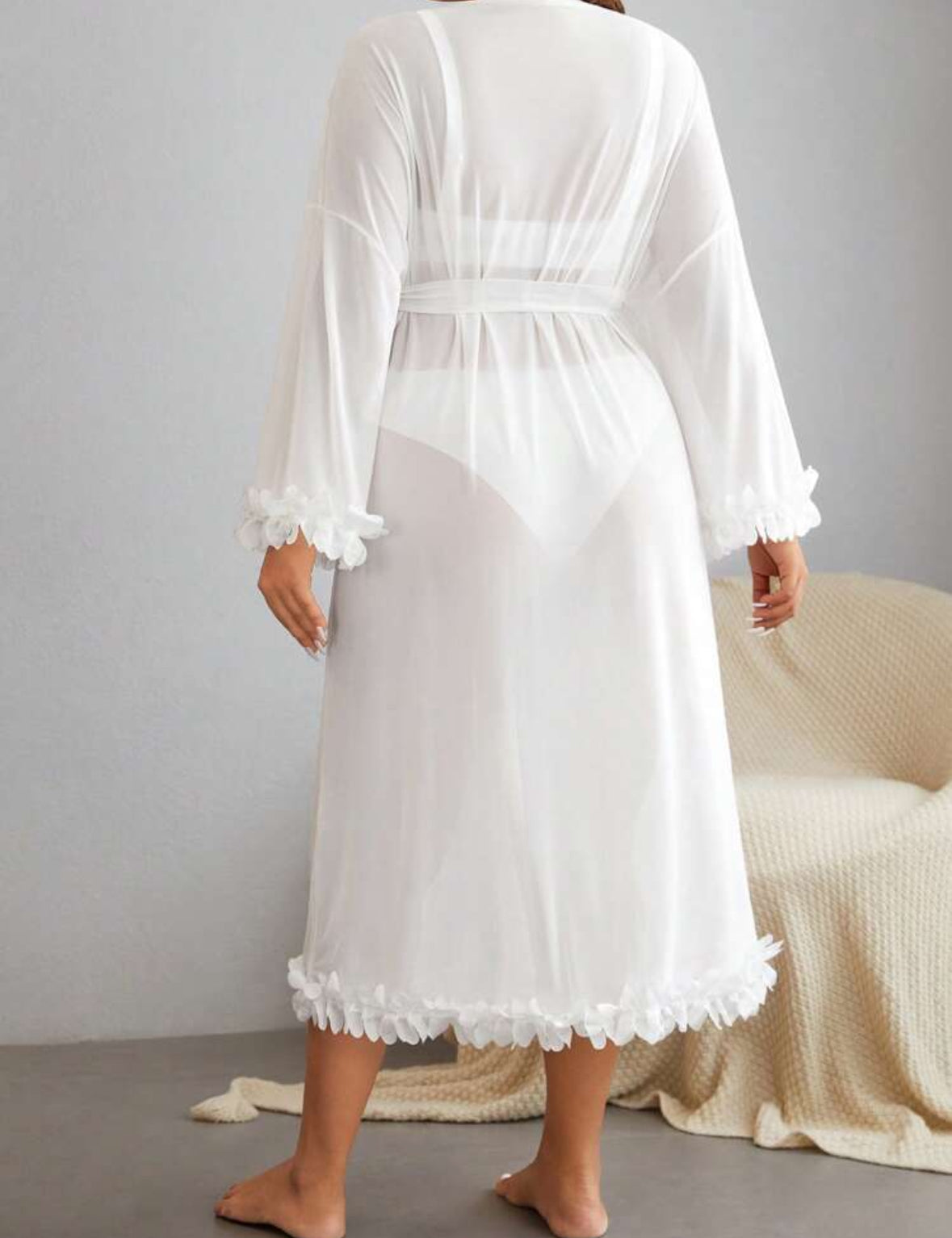 Bride Appliques Detail Belted Mesh Robe