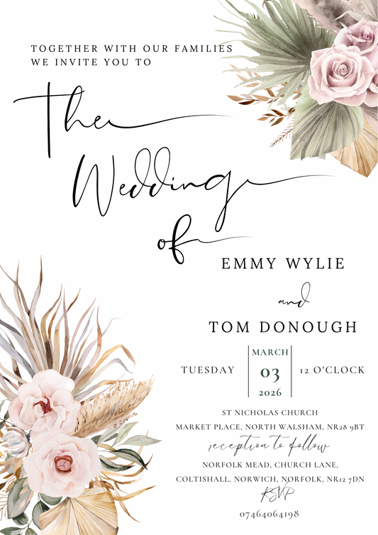 Day and Evening Blush Pampa Wedding Invitation