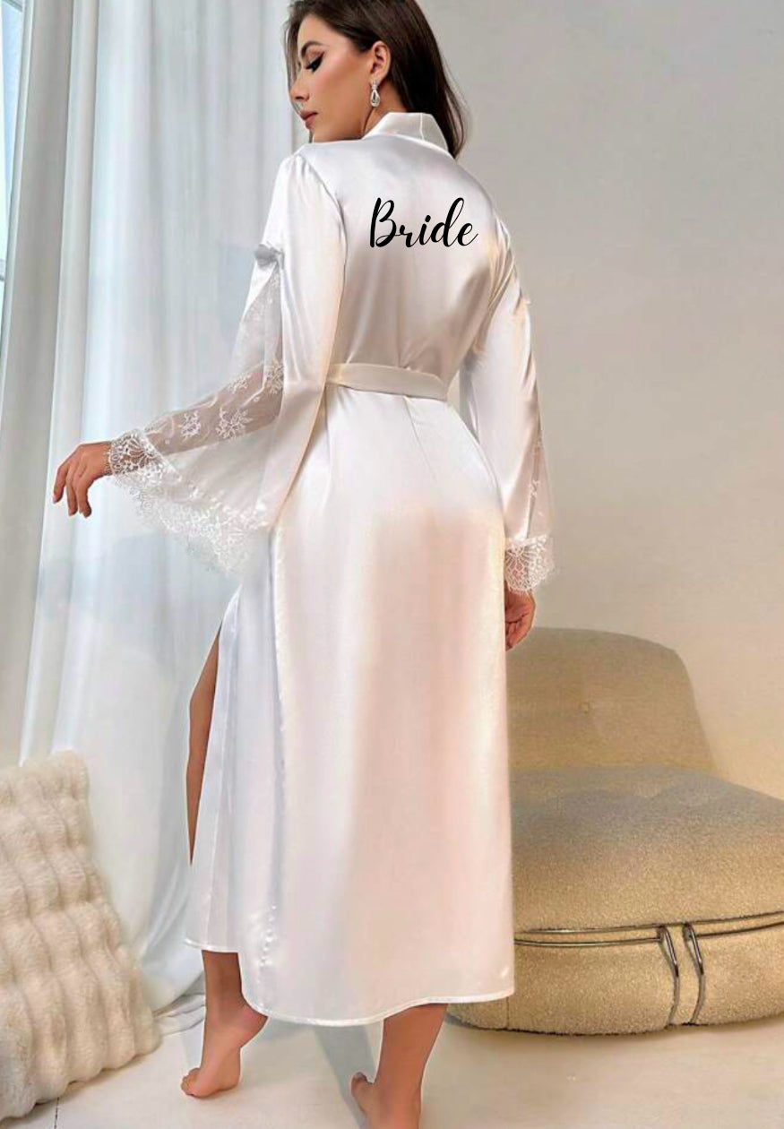 Bride Contrast Lace Trumpet Sleeve Belted Satin Robe