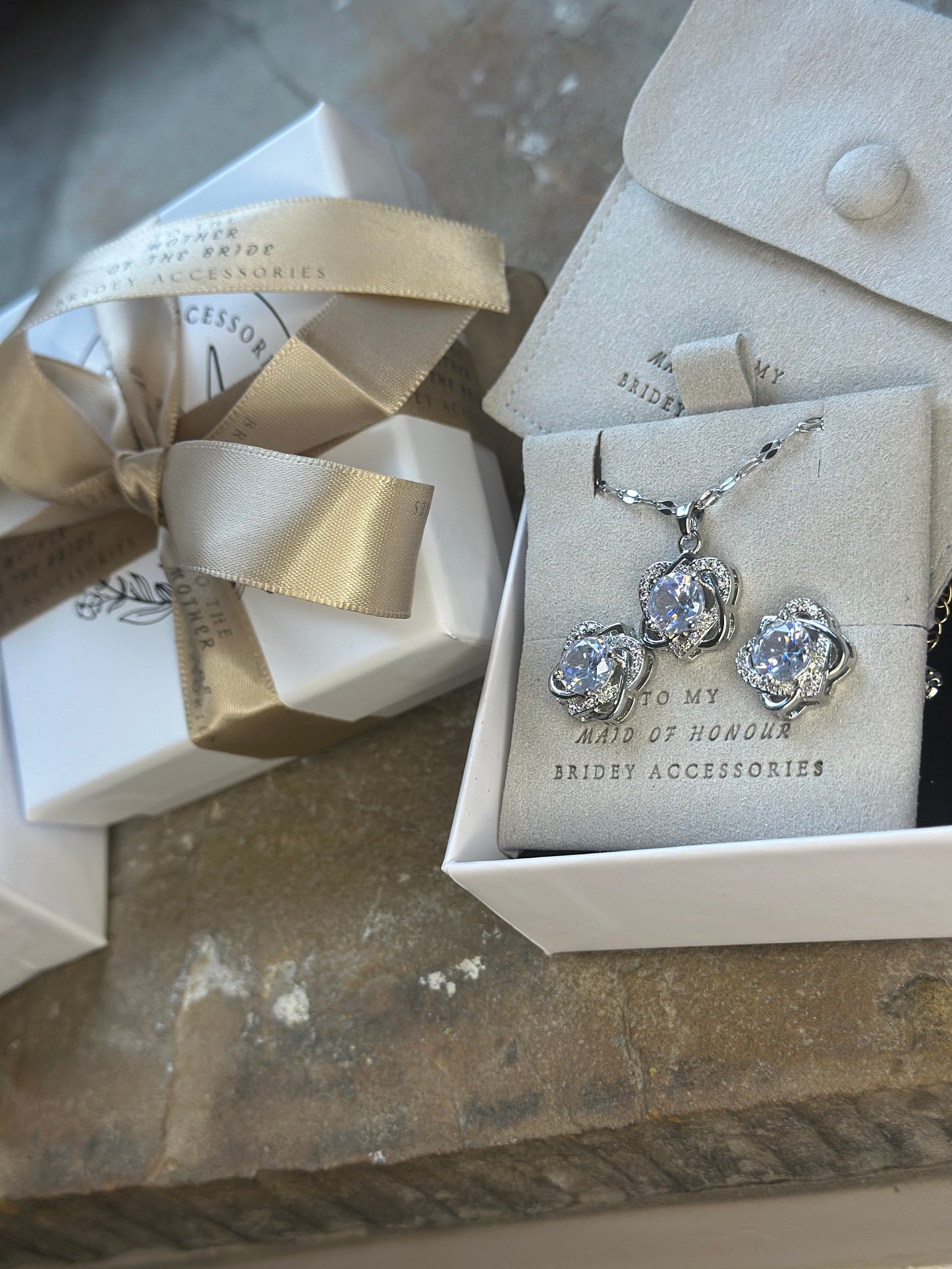 Silver Colour Zircon Stud Earrings & Pendant Necklace Set for Women (Bridal Party)