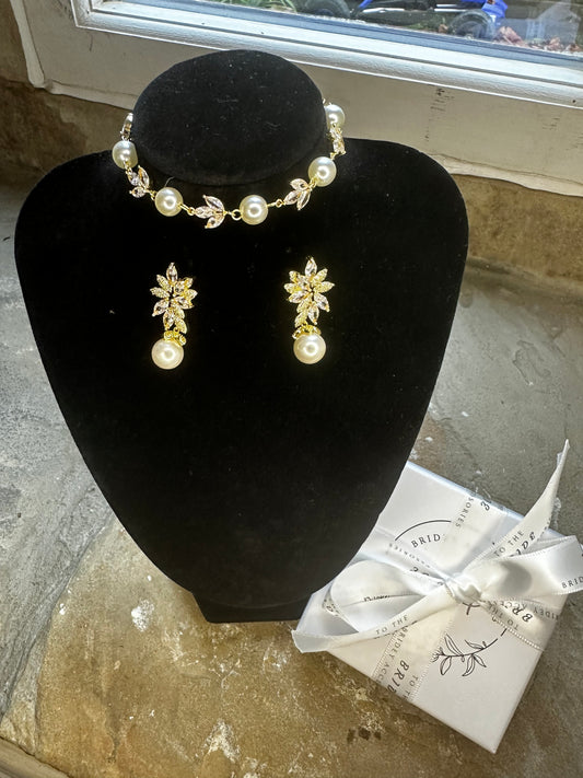 Gold Pearl Cubic Zirconia Bracelet and Earring Set