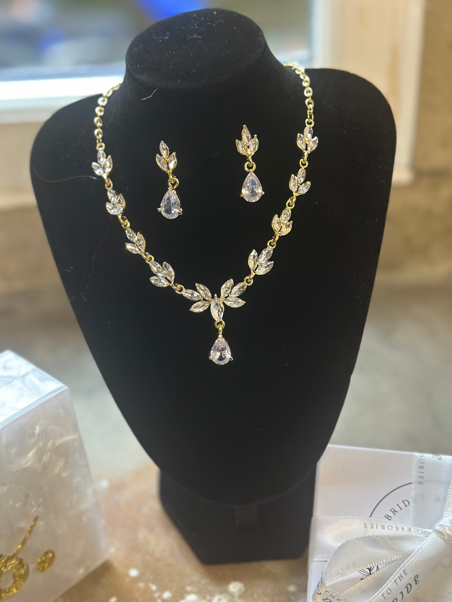 Gold Crystal Earrings and Necklace Set
