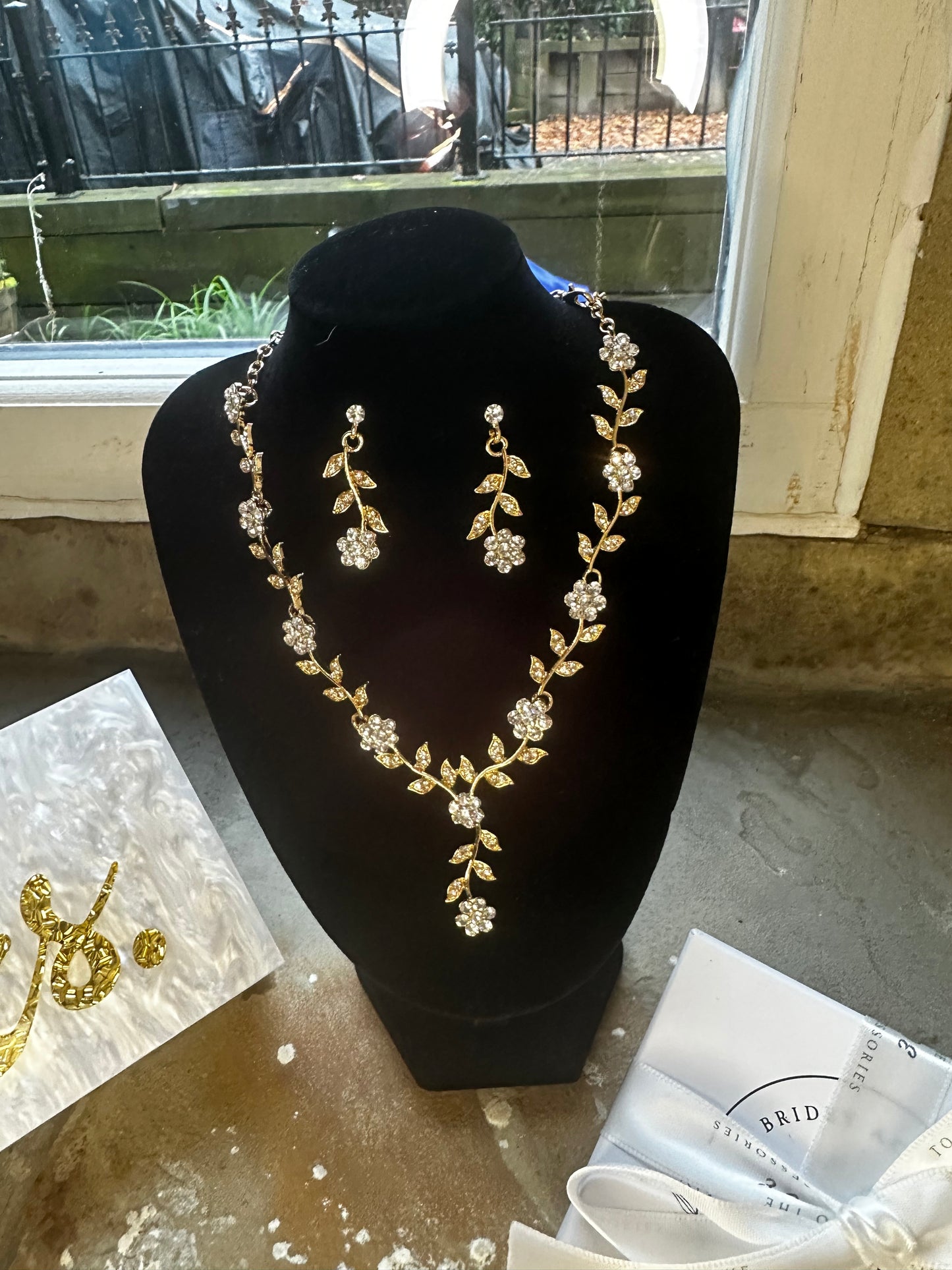 Gold Crystal Flower Earrings and Necklace Set