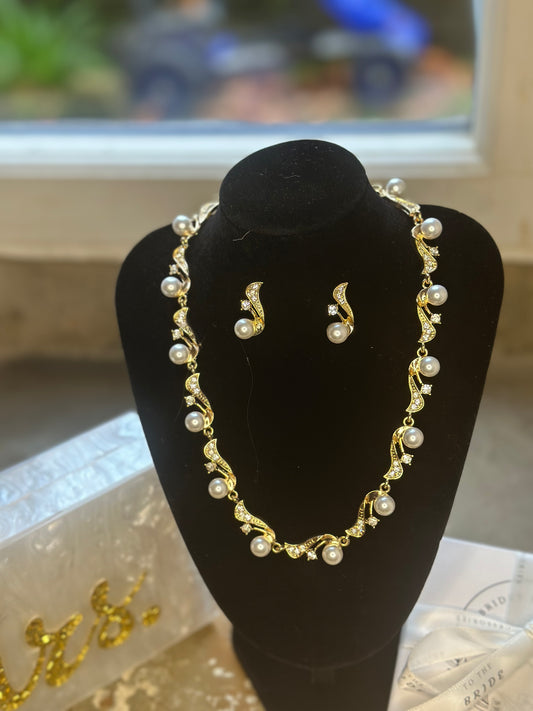 Gold Crystal and Pearl Earrings and Necklace Set