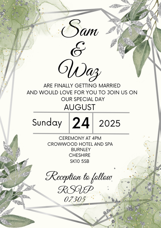 Wedding Invitation- Green and Silver