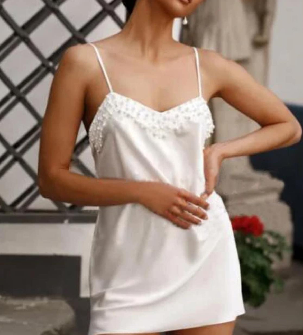 Pearl Spaghetti Straps Wedding Satin Dress