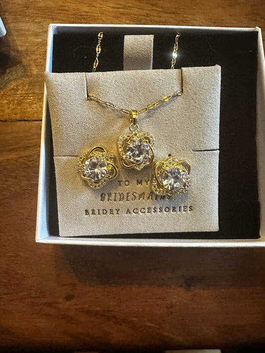 Gold Colour Zircon Stud Earrings & Pendant Necklace Set for Women (Bridal Party)