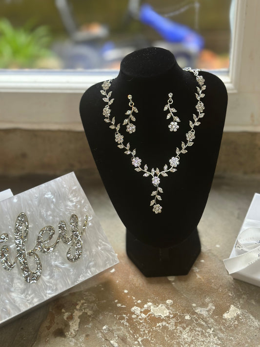 Crystal Flower Earrings and Necklace Set