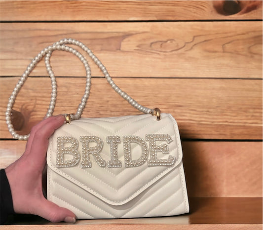 Bride white long pearl strap handbag