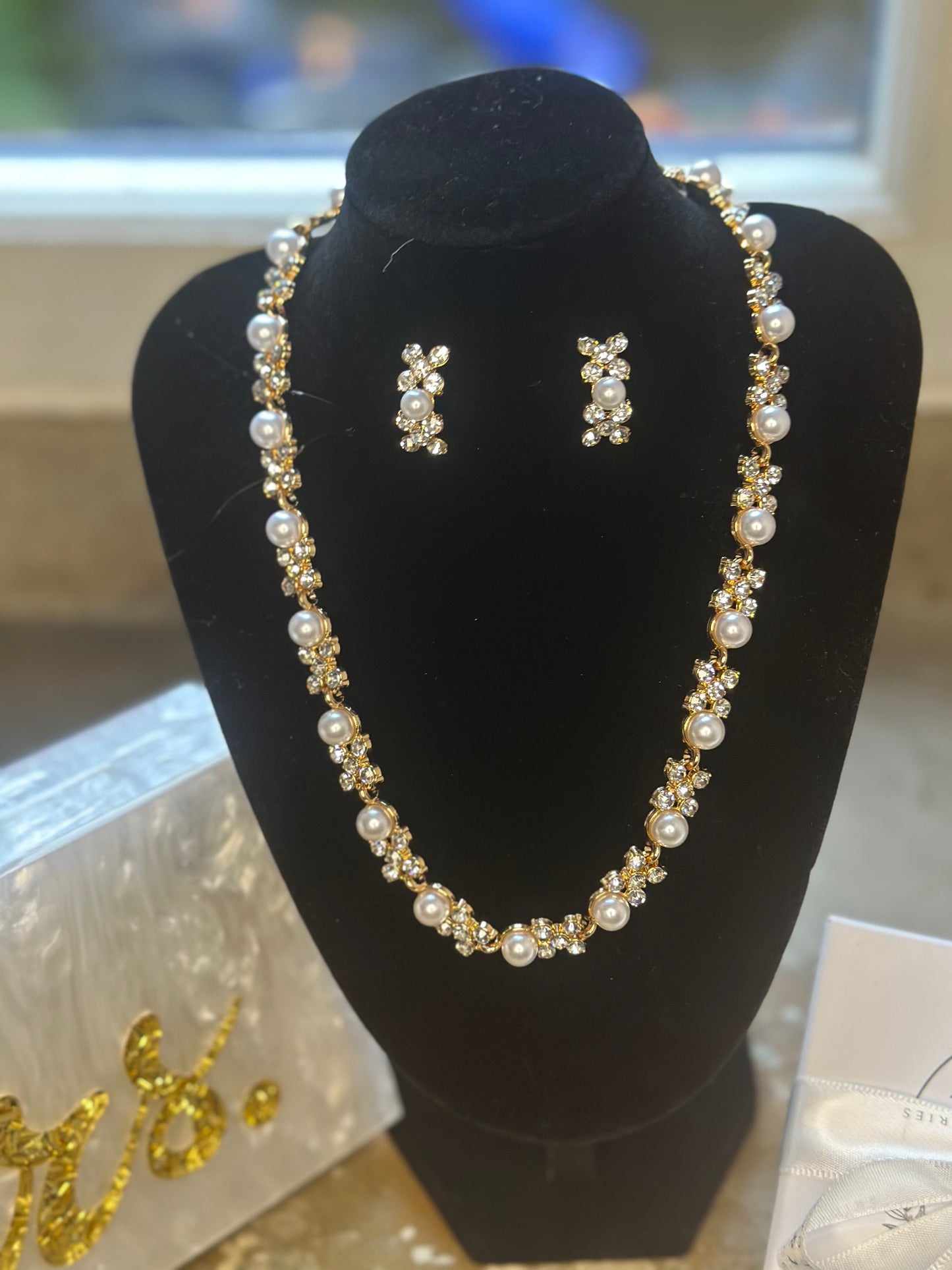 Crystal and Pearl Earrings and Necklace Set