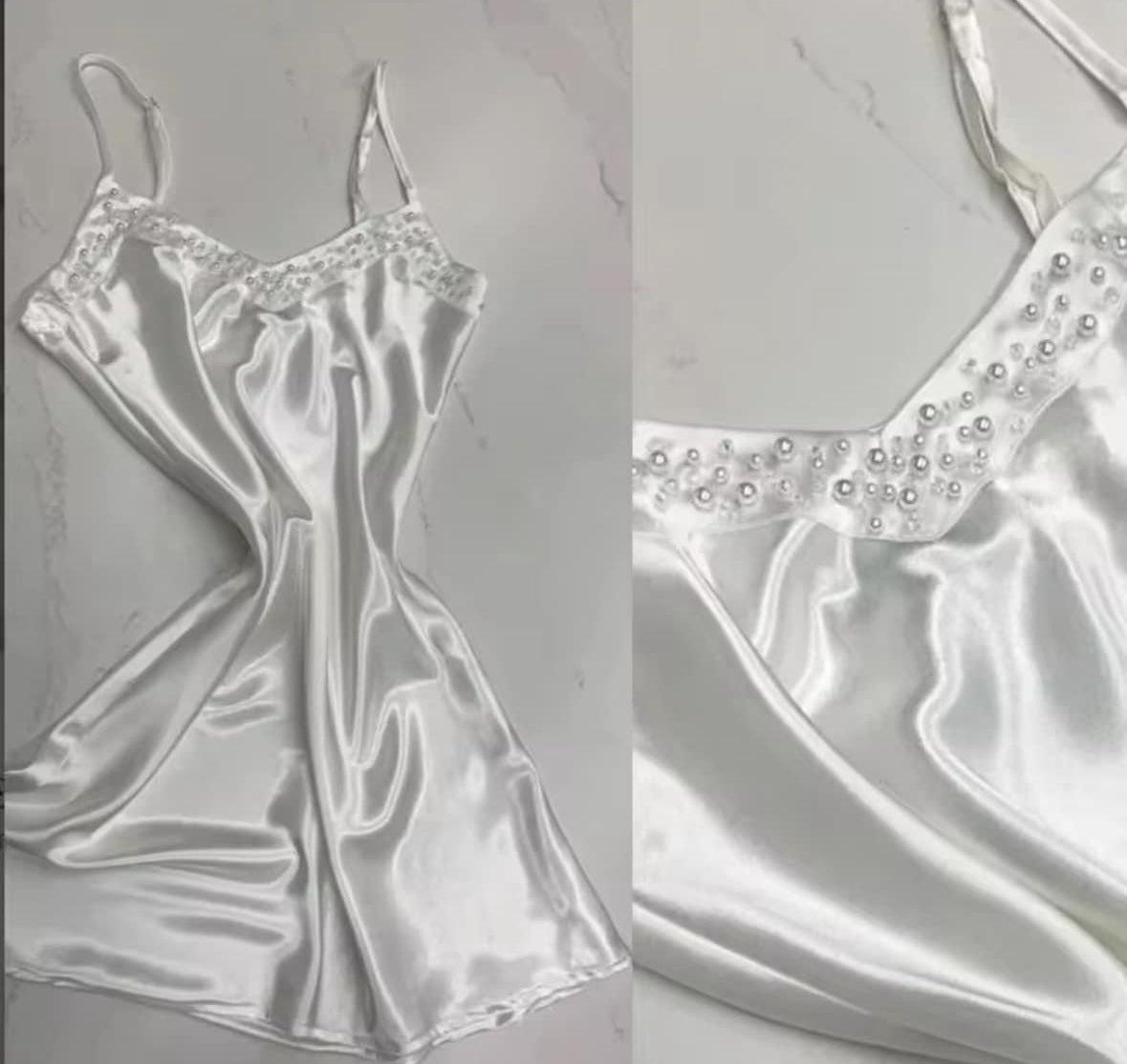 Pearl Spaghetti Straps Wedding Satin Dress