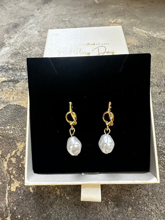 Gold Knot Pearl Drop Earrings