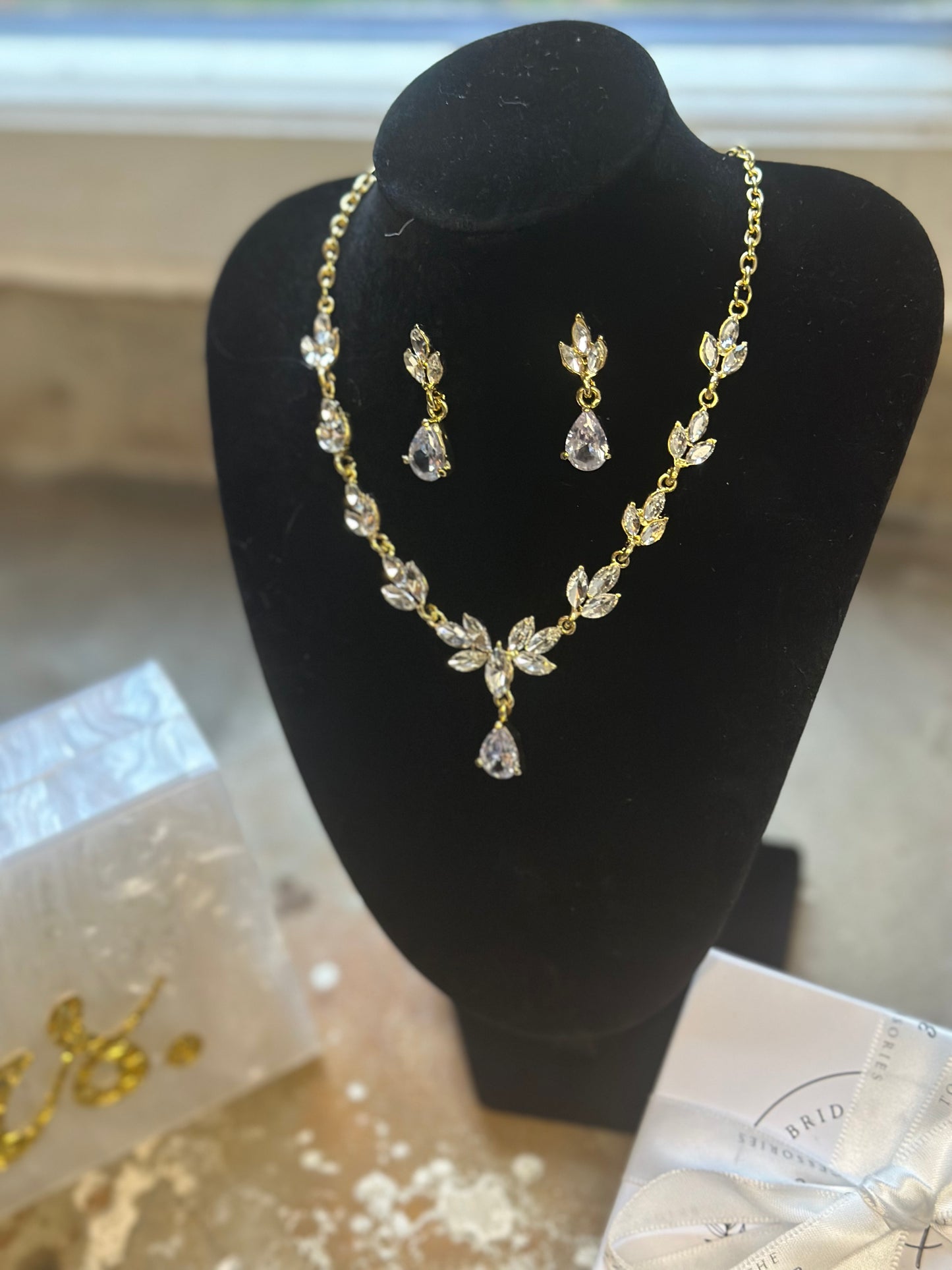 Gold Crystal Earrings and Necklace Set