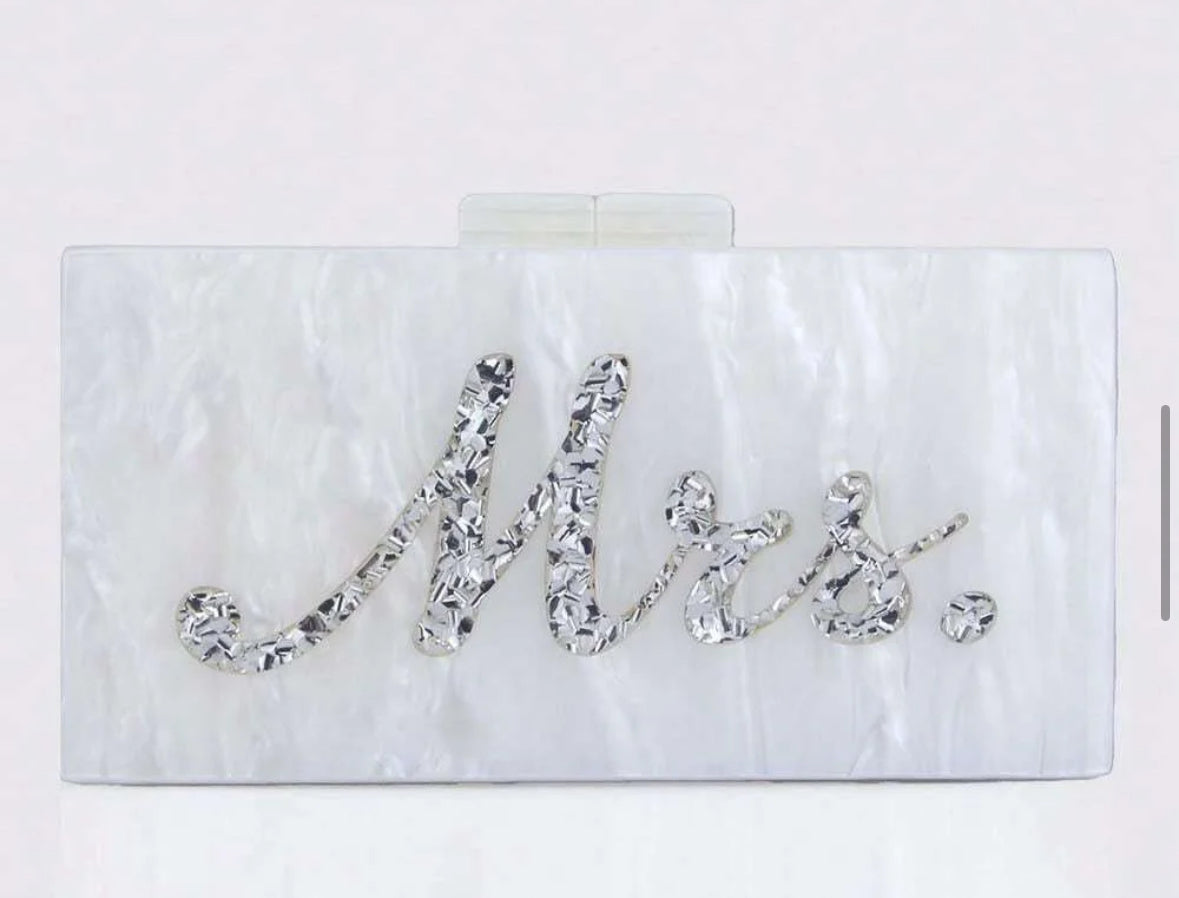 Silver Mrs acrylic clutch bag