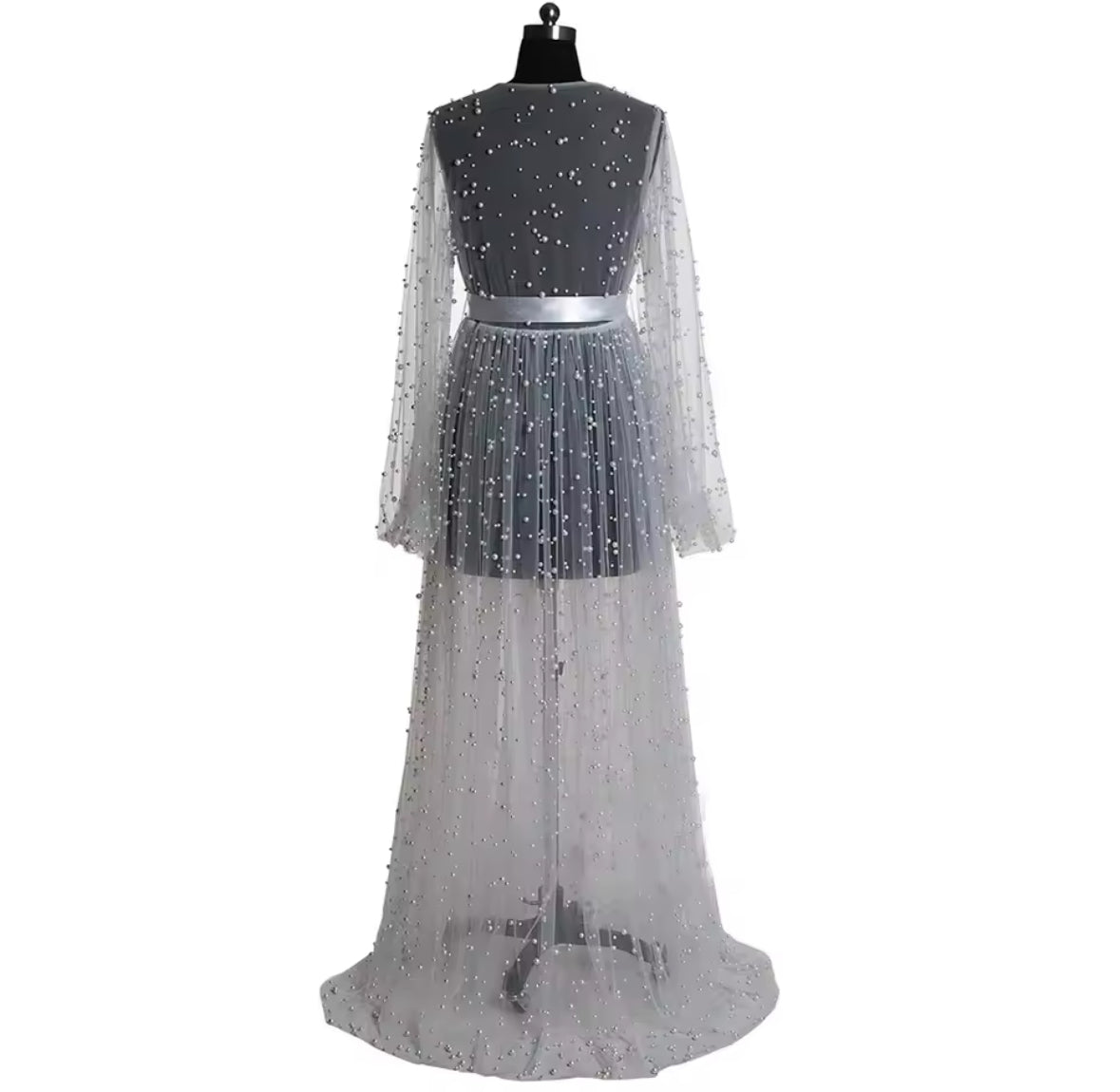 Pearl adorned tulle robe.