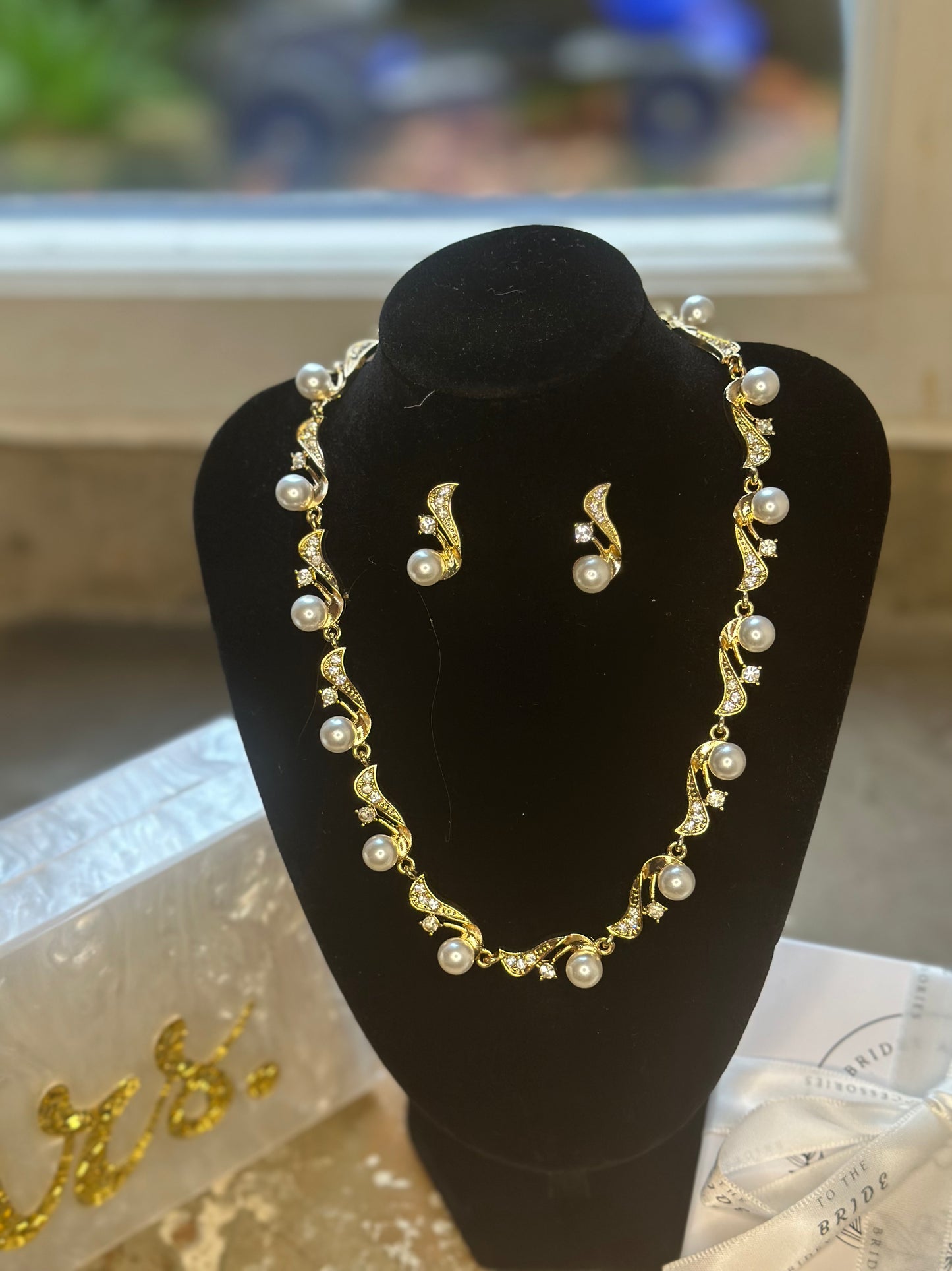 Gold Crystal and Pearl Earrings and Necklace Set