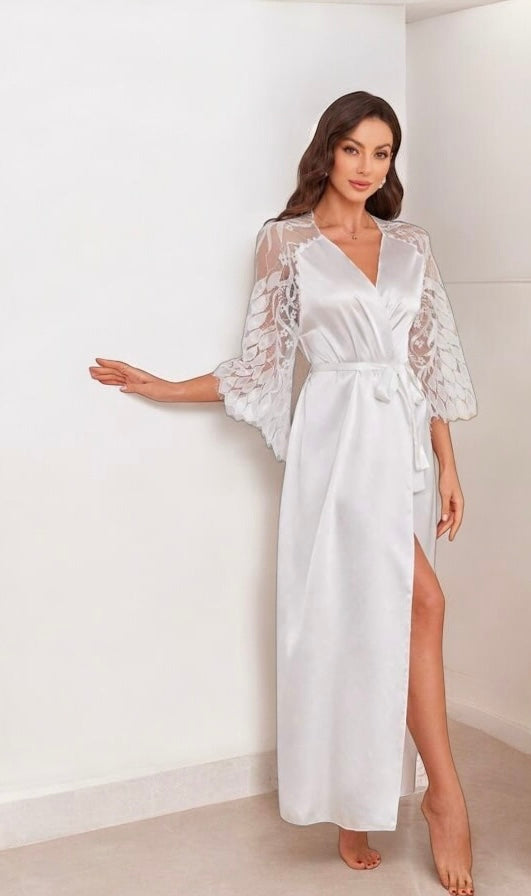 Lace Trim Satin Women Bathrobe