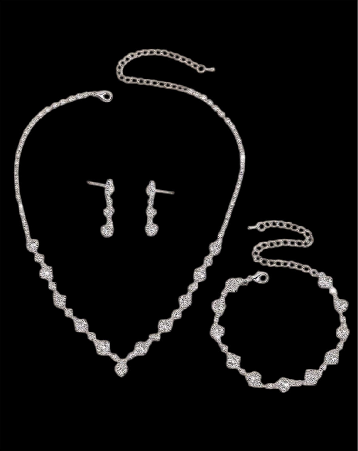 Silver Crystal Drop Earrings, Bracelet and Necklace Set